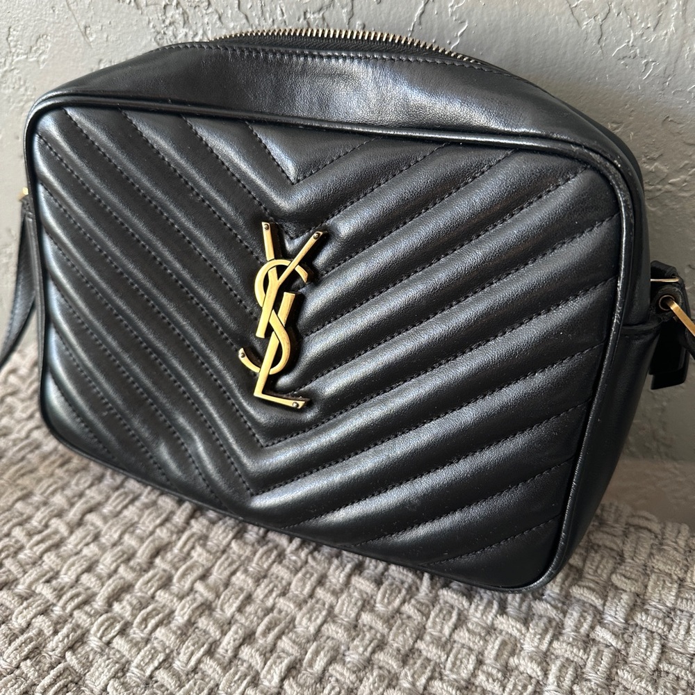 Authentic Saint Laurent Lou Camera Bag in Black Chevron Leather